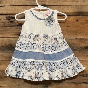 Little Lass Floral Patchwork Dress - Cream and Blue